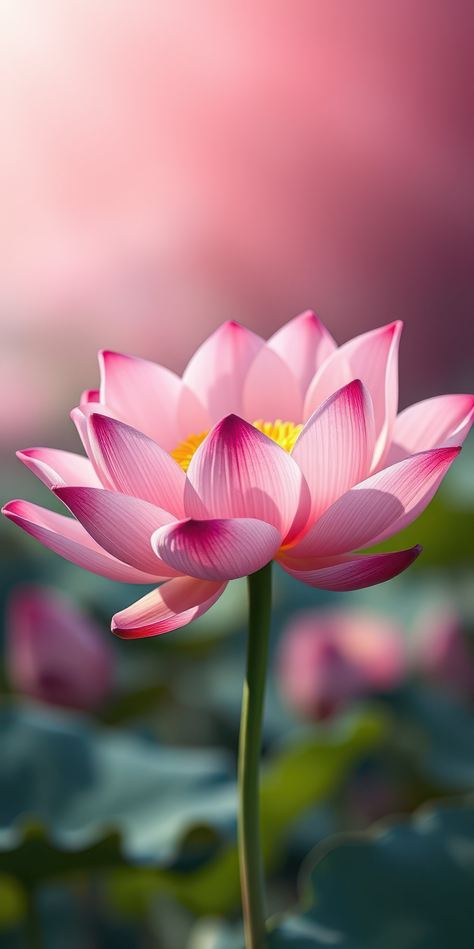 Beautiful pink lotus blossom standing tall above green foliage in a serene pond at sunset